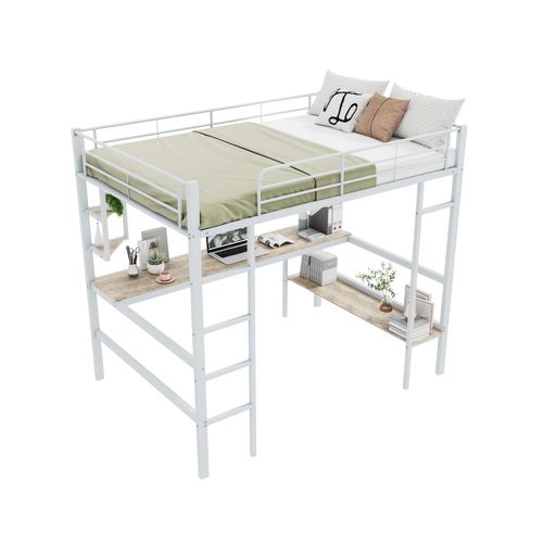 Lit Mezzanine 140x200 Cm Avec Bureau, 4 étagères Et Bibliothèque En Métal Blanc