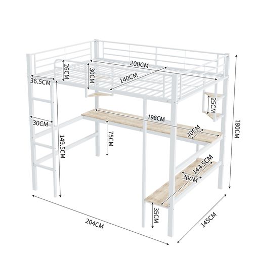 Lit Mezzanine 140x200 Cm Avec Bureau, 4 étagères Et Bibliothèque En Métal Blanc