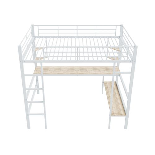 Lit Mezzanine 140x200 Cm Avec Bureau, 4 étagères Et Bibliothèque En Métal Blanc