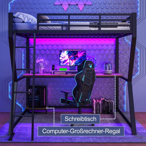 Lit Mezzanine 140x200 Cm Avec Bureau, étagère PC, Prise USB Et Bande LED En Métal Noir