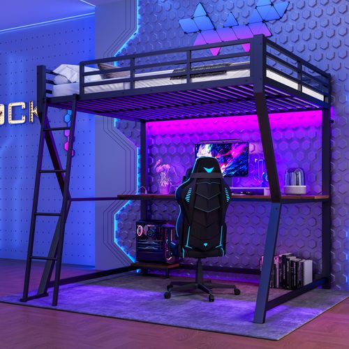 Lit Mezzanine 140x200 Cm Avec Bureau, étagère PC, Prise USB Et Bande LED En Métal Noir