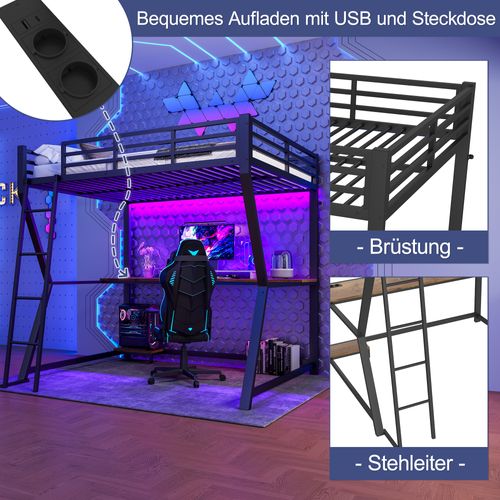 Lit Mezzanine 140x200 Cm Avec Bureau, étagère PC, Prise USB Et Bande LED En Métal Noir