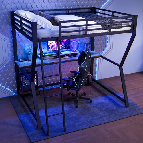 Lit Mezzanine 140x200 Cm Avec Bureau, étagère PC, Prise USB Et Bande LED En Métal Noir