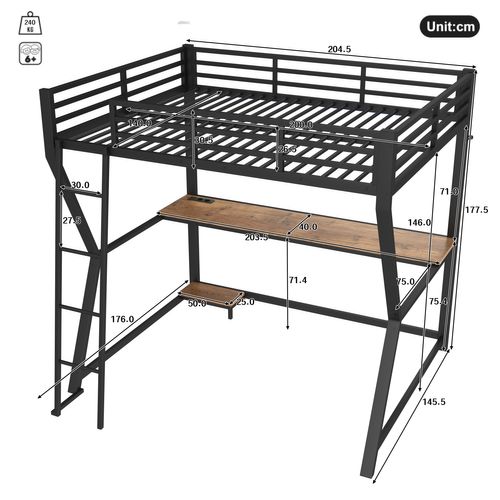 Lit Mezzanine 140x200 Cm Avec Bureau, étagère PC, Prise USB Et Bande LED En Métal Noir