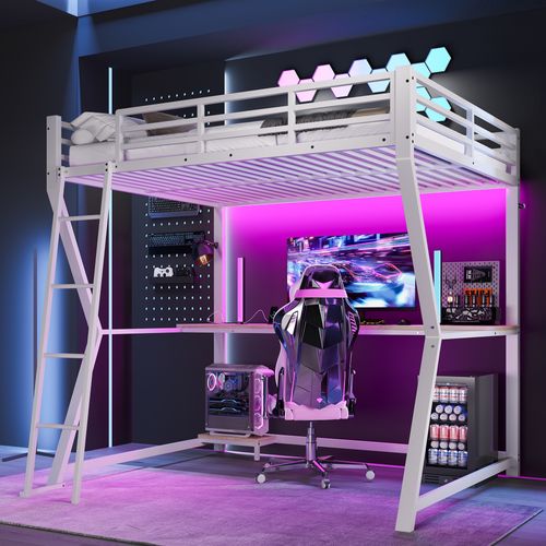 Lit Mezzanine 140x200 Cm Avec Bureau, étagère PC, Prise USB Et Bande LED En Métal Blanc