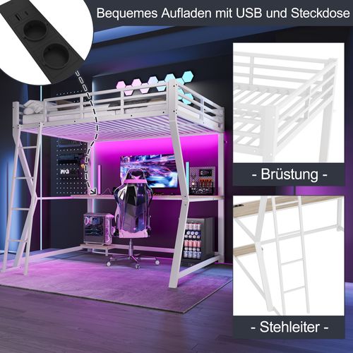 Lit Mezzanine 140x200 Cm Avec Bureau, étagère PC, Prise USB Et Bande LED En Métal Blanc