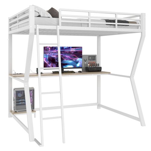 Lit Mezzanine 140x200 Cm Avec Bureau, étagère PC, Prise USB Et Bande LED En Métal Blanc