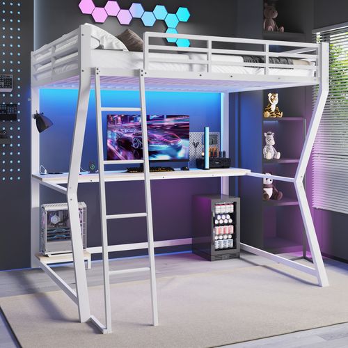 Lit Mezzanine 140x200 Cm Avec Bureau, étagère PC, Prise USB Et Bande LED En Métal Blanc