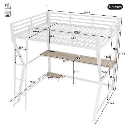 Lit Mezzanine 140x200 Cm Avec Bureau, étagère PC, Prise USB Et Bande LED En Métal Blanc