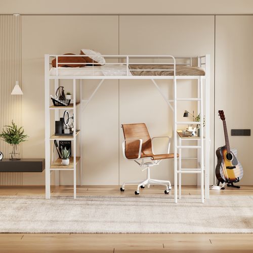Lit Mezzanine 90x200cm En Métal Blanc Avec Bureau, 3 étagères Et Barrières De Sécurité
