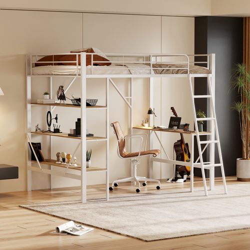 Lit Mezzanine 90x200cm En Métal Blanc Avec Bureau, 3 étagères Et Barrières De Sécurité