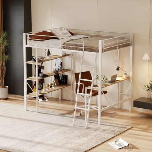 Lit Mezzanine 90x200cm En Métal Blanc Avec Bureau, 3 étagères Et Barrières De Sécurité