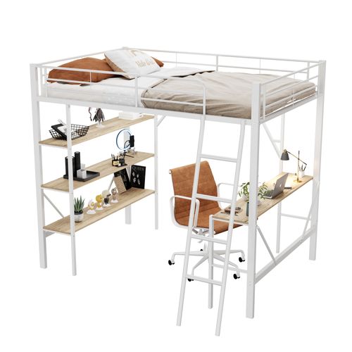 Lit Mezzanine 90x200cm En Métal Blanc Avec Bureau, 3 étagères Et Barrières De Sécurité