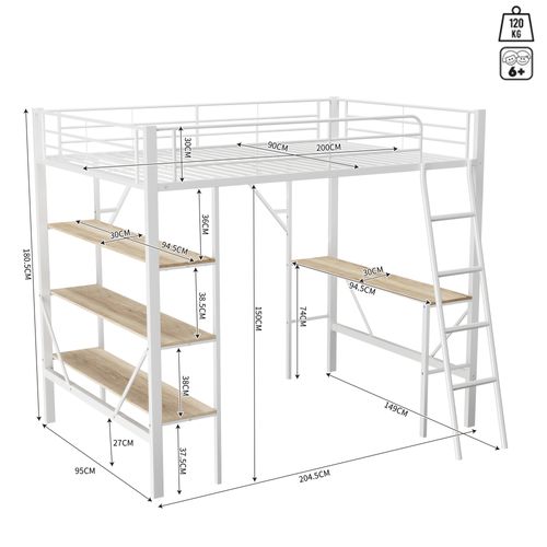 Lit Mezzanine 90x200cm En Métal Blanc Avec Bureau, 3 étagères Et Barrières De Sécurité