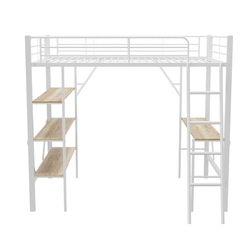 Lit Mezzanine 90x200cm En Métal Blanc Avec Bureau, 3 étagères Et Barrières De Sécurité