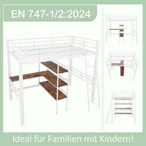 Lit Mezzanine 90x200cm En Métal Blanc Avec Bureau, étagères, Certifié En747