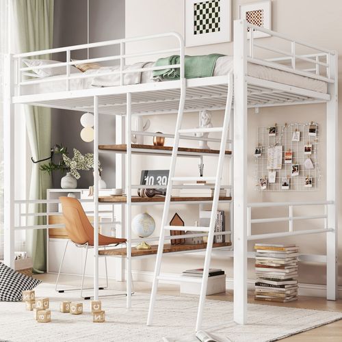 Lit Mezzanine 90x200cm En Métal Blanc Avec Bureau, étagères, Certifié En747