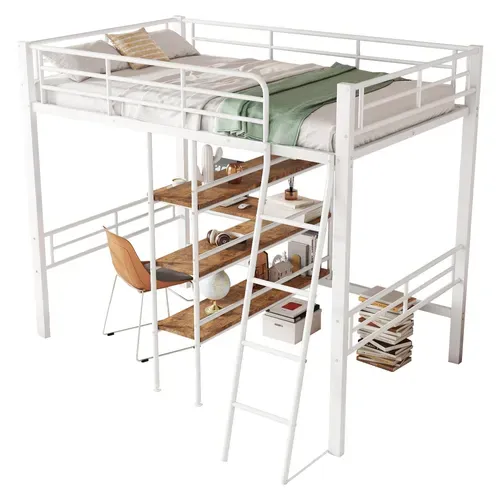 Lit Mezzanine 90x200cm En Métal Blanc Avec Bureau, étagères, Certifié En747