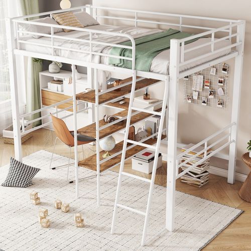 Lit Mezzanine 90x200cm En Métal Blanc Avec Bureau, étagères, Certifié En747