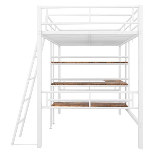 Lit Mezzanine 90x200cm En Métal Blanc Avec Bureau, étagères, Certifié En747