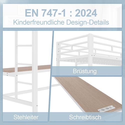 Lit Mezzanine 90x200cm En Métal Blanc Avec Bureau, USB, Prise, LED 7 Couleurs Et En747