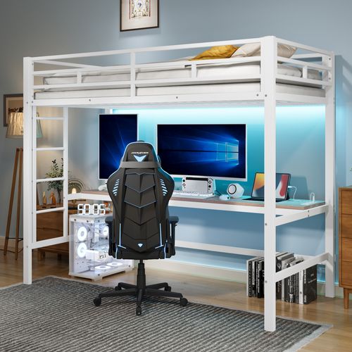 Lit Mezzanine 90x200cm En Métal Blanc Avec Bureau, USB, Prise, LED 7 Couleurs Et En747
