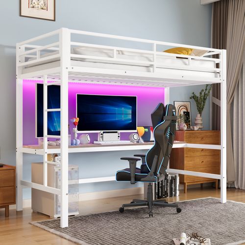 Lit Mezzanine 90x200cm En Métal Blanc Avec Bureau, USB, Prise, LED 7 Couleurs Et En747