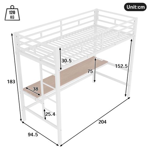 Lit Mezzanine 90x200cm En Métal Blanc Avec Bureau, USB, Prise, LED 7 Couleurs Et En747