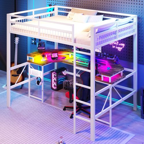Lit Mezzanine 140x200cm En Métal Blanc Avec Bureau, LED, USB, Type-c, 2 Prises Et Panneau Perforé