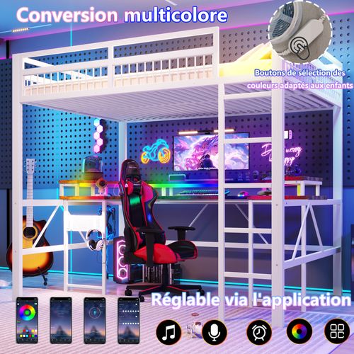 Lit Mezzanine 140x200cm En Métal Blanc Avec Bureau, LED, USB, Type-c, 2 Prises Et Panneau Perforé