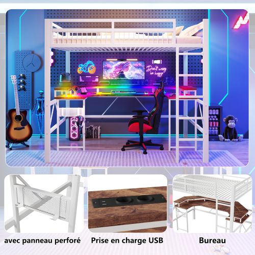 Lit Mezzanine 140x200cm En Métal Blanc Avec Bureau, LED, USB, Type-c, 2 Prises Et Panneau Perforé