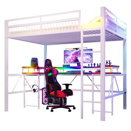 Lit Mezzanine 140x200cm En Métal Blanc Avec Bureau, LED, USB, Type-c, 2 Prises Et Panneau Perforé