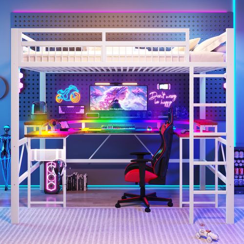 Lit Mezzanine 140x200cm En Métal Blanc Avec Bureau, LED, USB, Type-c, 2 Prises Et Panneau Perforé