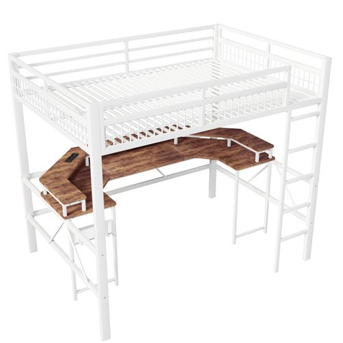Lit Mezzanine 140x200cm En Métal Blanc Avec Bureau, LED, USB, Type-c, 2 Prises Et Panneau Perforé