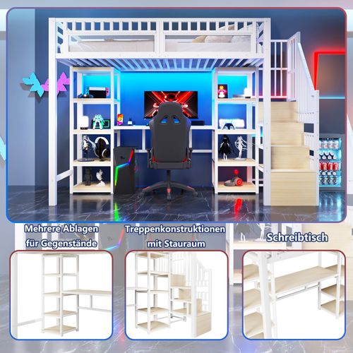 Lit Mezzanine 90x200 Cm Avec Bureau, LED Et USB