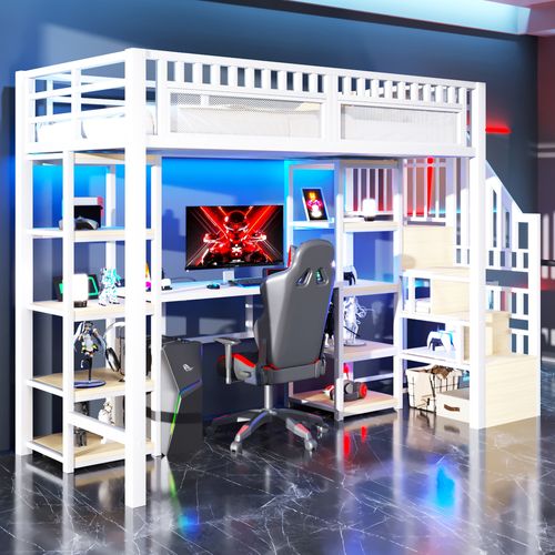 Lit Mezzanine 90x200 Cm Avec Bureau, LED Et USB