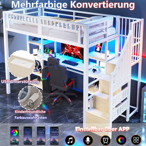 Lit Mezzanine 90x200 Cm Avec Bureau, LED Et USB