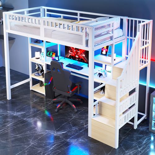 Lit Mezzanine 90x200 Cm Avec Bureau, LED Et USB