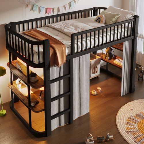Lit Mezzanine 90x200 Cm Avec Rideaux Occultants Et LED