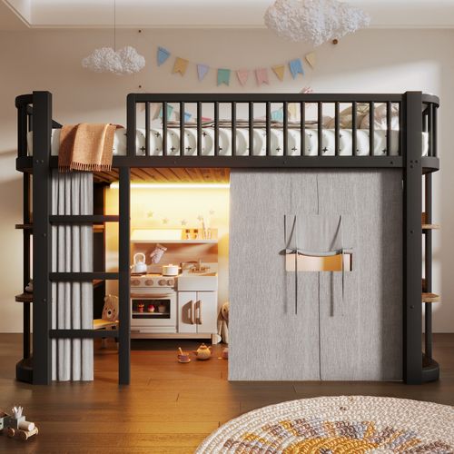 Lit Mezzanine 90x200 Cm Avec Rideaux Occultants Et LED