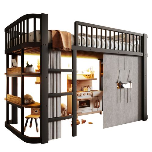 Lit Mezzanine 90x200 Cm Avec Rideaux Occultants Et LED
