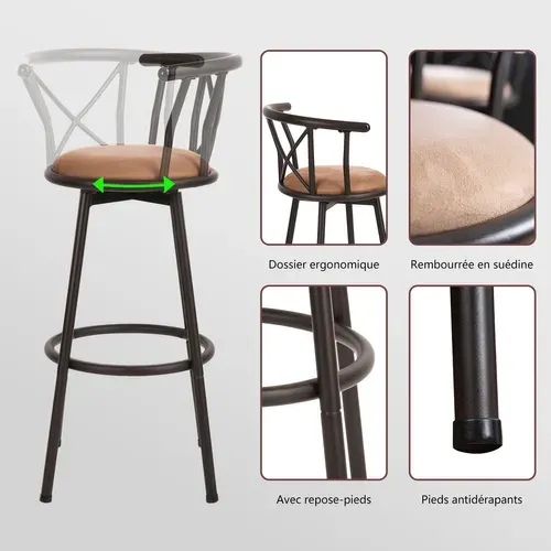 Lot De 2 Tabourets De Bar Industriel Pivotant Sur 360° Siège De 75,5 Cm De Haut, Marron