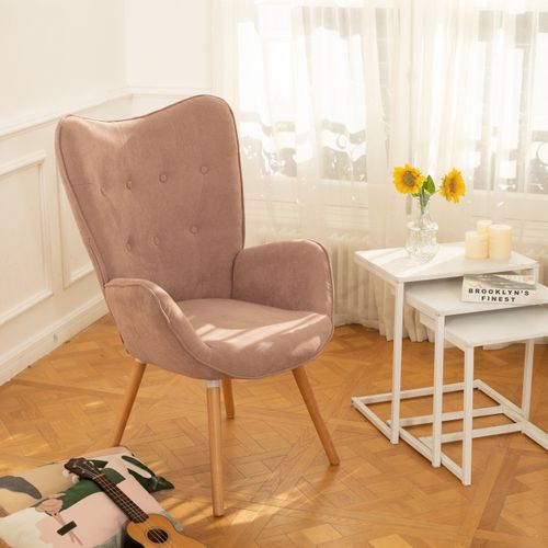 Fauteuil Scandinave En Tissu Rose Et Des Pieds En Bois Massif