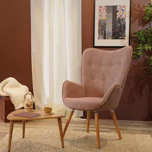 Fauteuil Scandinave En Tissu Rose Et Des Pieds En Bois Massif