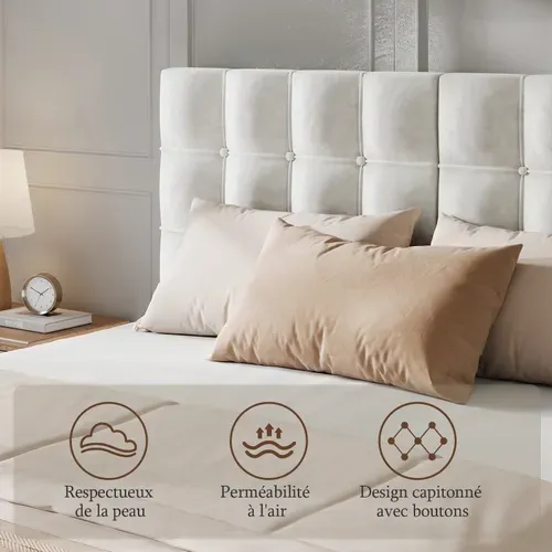 Lit Double Rembourré 140 X 200 Cm, Cadre De Lit Avec Tête De Lit Et Sommier À Lattes -blanc