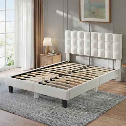 Lit Double Rembourré 140 X 200 Cm, Cadre De Lit Avec Tête De Lit Et Sommier À Lattes -blanc