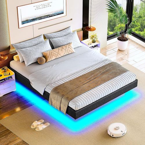 Sommier déco 140x190 cm INRE - Lit Double Avec Lumières LED En Bas - Sommier à Lattes