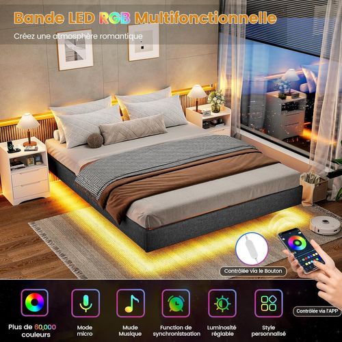Sommier déco 160x200 cm INRE - Lit Double Avec Lumières LED En Bas - Sommier à Lattes