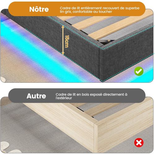 Sommier déco 160x200 cm INRE - Lit Double Avec Lumières LED En Bas - Sommier à Lattes