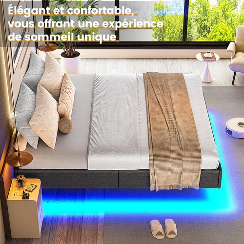 Sommier déco 180x200 cm INRE - Lit Double Avec Lumières LED En Bas - Sommier à Lattes